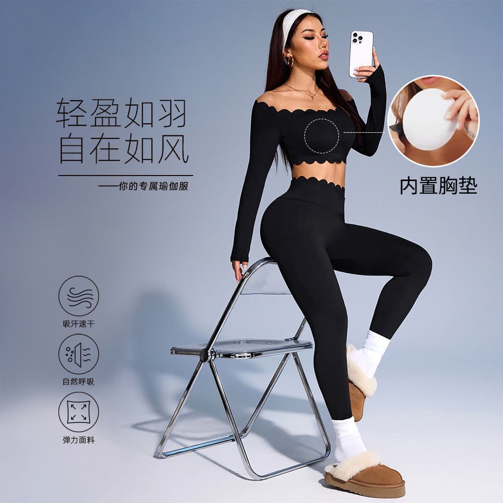 Conjunto esportivo de yoga com mangas compridas, corte justo, efeito modelador de glúteos, com almofadas para o peito, s