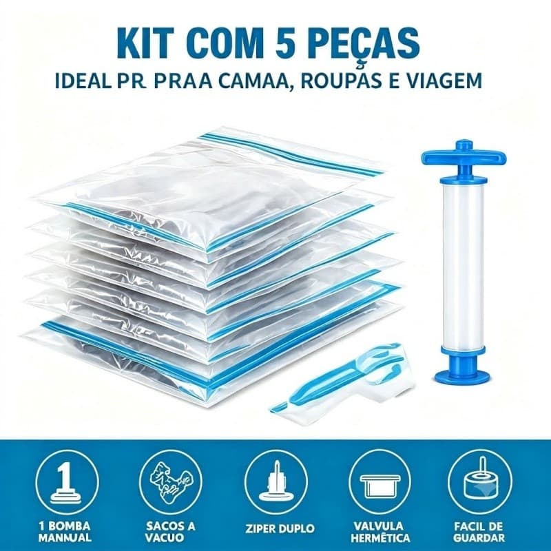 Kit 5 Sacos a Vácuo Vários Tamanhos Organizador Roupas Compacto Vedação Perfeita com Bomba Manual Para Viagem e Casa