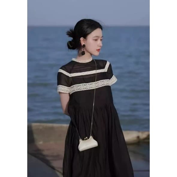 Estação europeia 2024 verão novo estilo temperamento nobre costura vestido renda francês Retro viagem praia vestido long