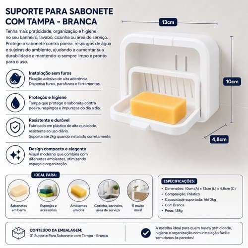 Suporte Sabonete Tampa Protecao Organizador Banheiro Branco Duravel Facil Limpeza