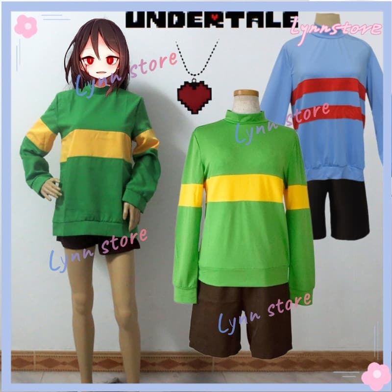Conjunto Completo de Cosplay FRISK/CHARA: Camisetas + Shorts + Colar, Fantasias Undertale KJH3