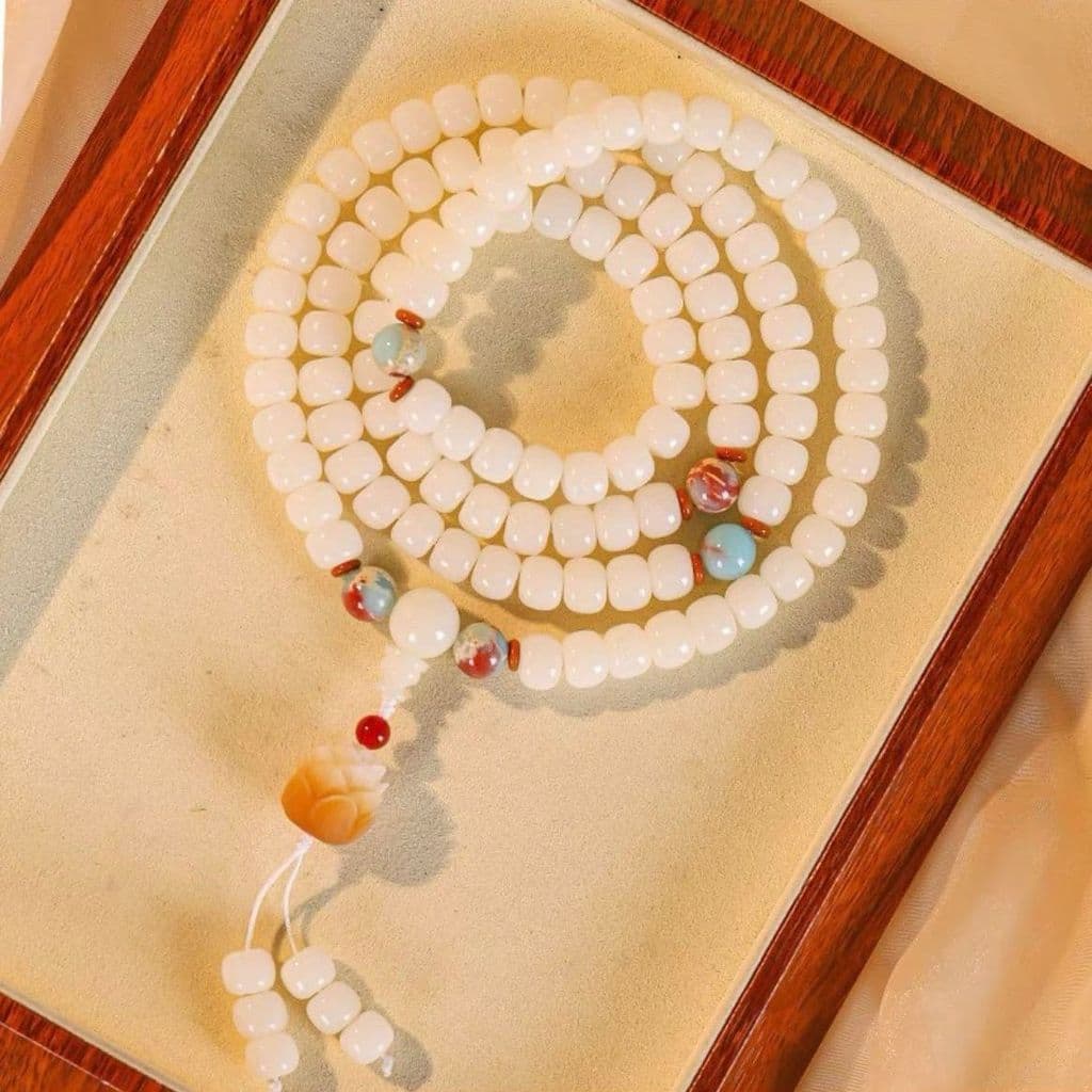Pulseira de Contas Budistas de Jade Branco 108 Bodhi, Contas de Meditação, Sementes de Bodhi, Pulseira e Colar Unissex.