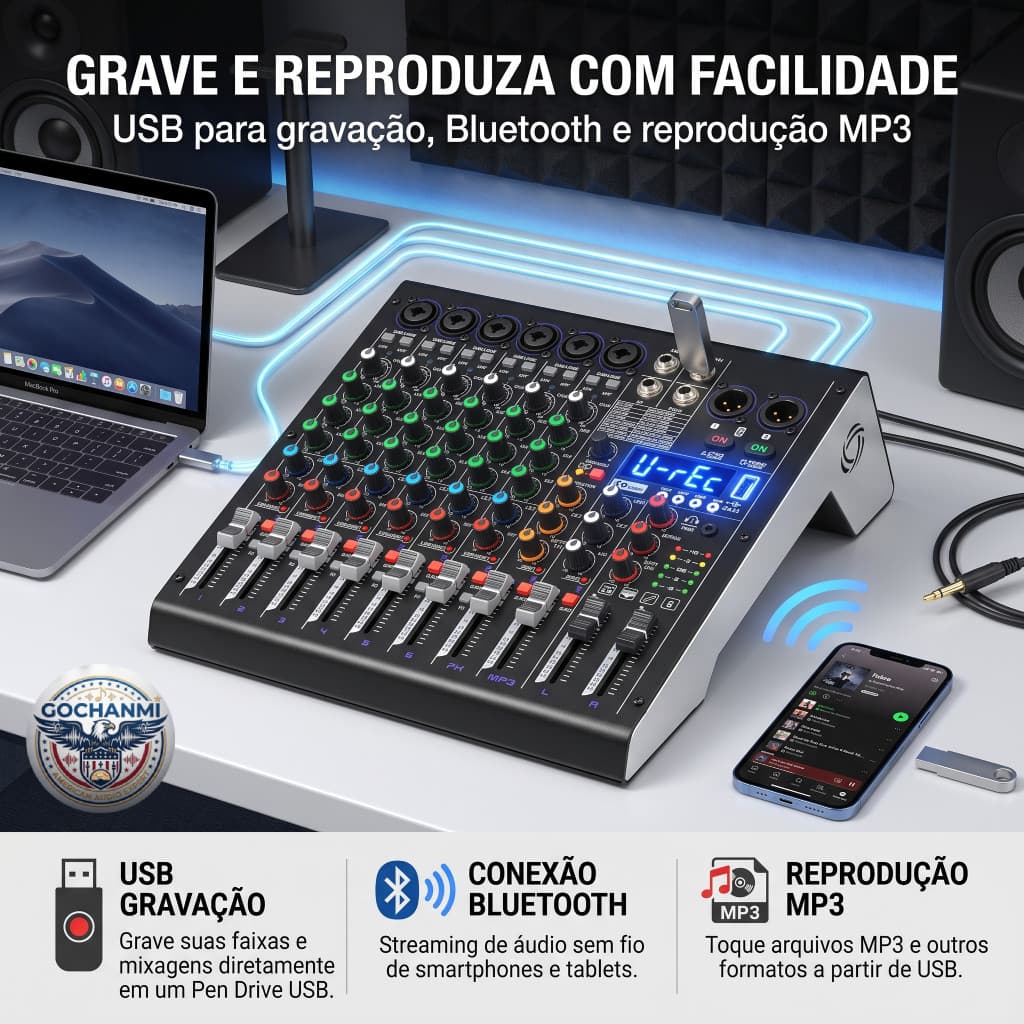 Mesa de Som Compacta 4/6 Canais com 3 Bandas EQ PAD HPF AUX PAN FX MUTE e Controle por Canal