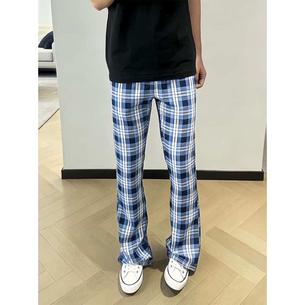 Americano high street azul xadrez calças das mulheres dos homens verão fino high street Puffers bonito mais magro olhar