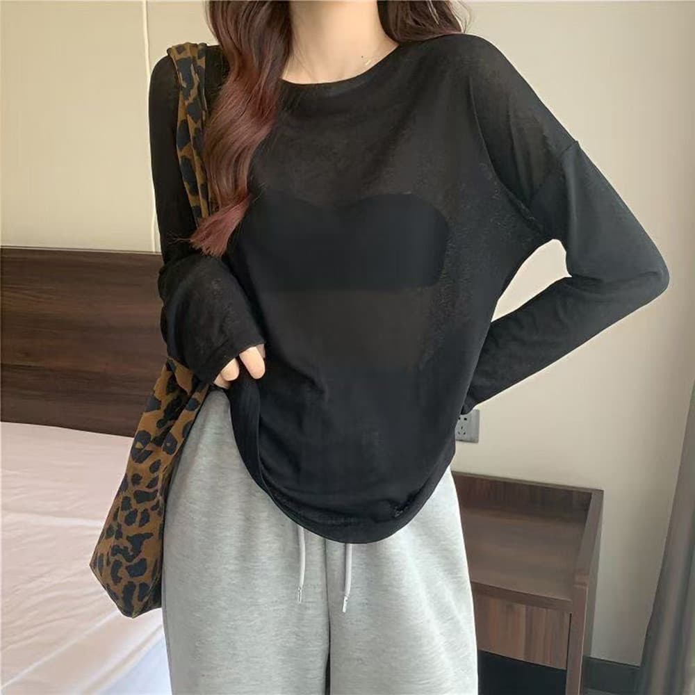 Camisa Feminina Solta Semi-Transparente Com Proteção Solar , Gola Redonda , Manga Comprida , Tecido De Malha Fina , Casu