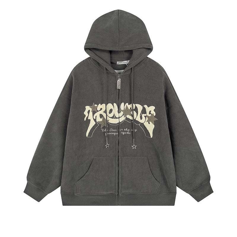 Forro estilo americano transfronteiriço engrossado Retro carta bordado com capuz Cardigan moletom casal Loo