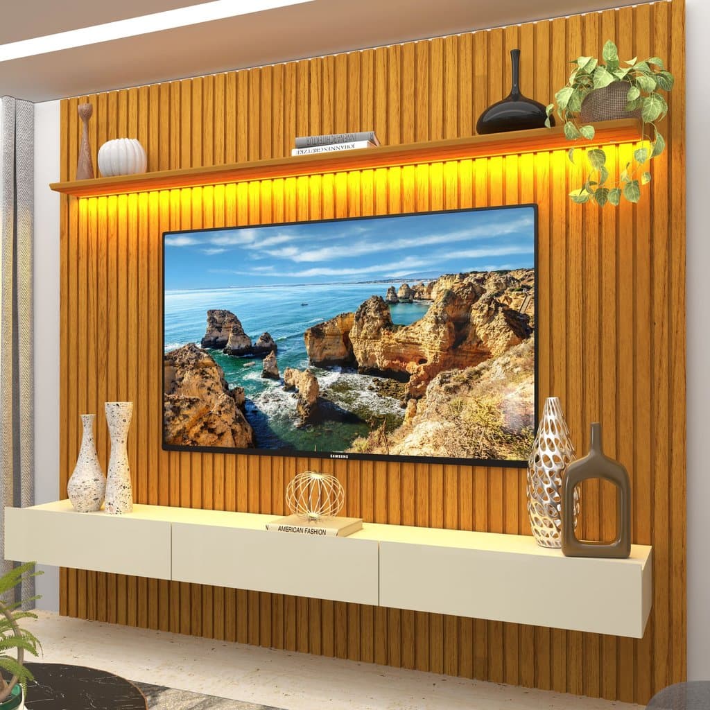 Rack com Painel para TV até 90 Polegadas 100% MDF Ripado com LED 250CMX228.8cm Nobre Naturale/Off White Naturale/Off