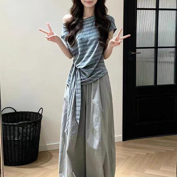 [Novidades] Cinza ombro inclinado Top calças largas terno feminino verão Super quente vestido de verão um conjunto