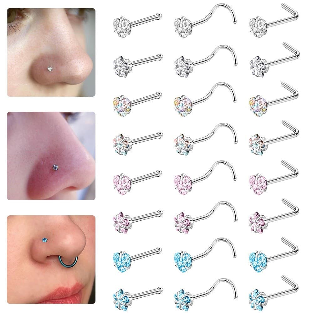 1 Peça Piercing De Nariz De Aço Inoxidável Cristal Redondo Coração Estrela CZ Parafuso Prisioneiro Em Forma De L