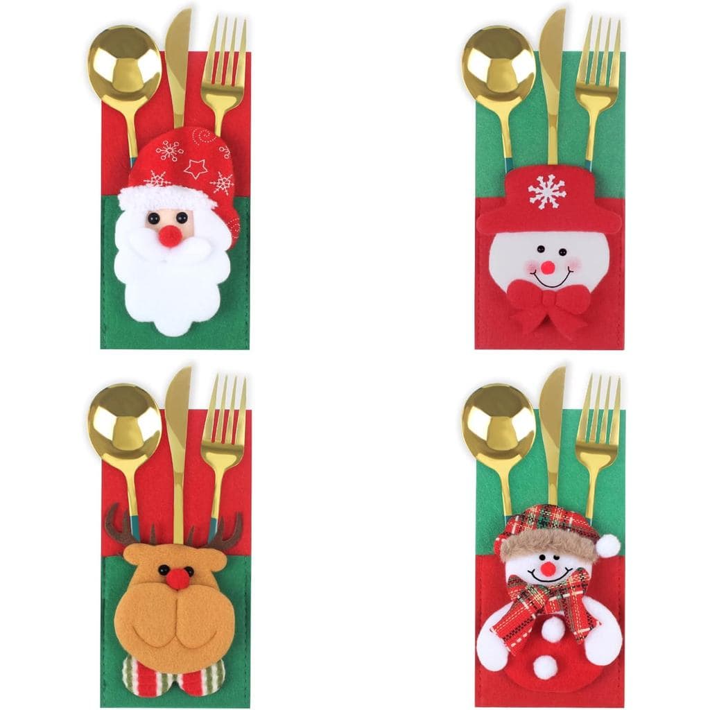 Conjunto de 4 peças de porta-talheres de Natal, design de Papai Noel, Boneco de Neve e Rena, porta-talheres de feltro ve