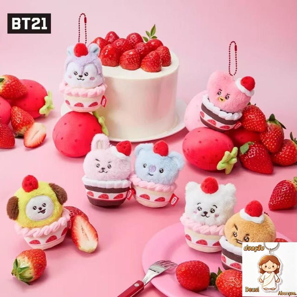 BTS BT21 Bolo de Morango Boneca de Pelúcia Festa Boneca Bolsa Pingente Chaveiro de Pelúcia