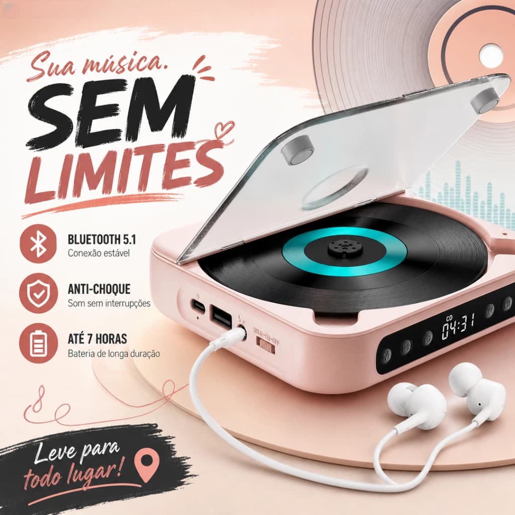 Leitor De CD Portátil Bluetooth 5.1 Player Recarregável MP3