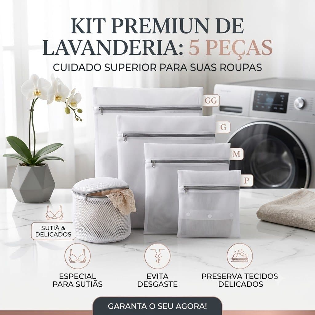Kit 5 Sacos de Lavar Roupas Delicadas Protege Roupas Bolsa Lavanderia Para Roupas Íntimas 5 Tamanhos