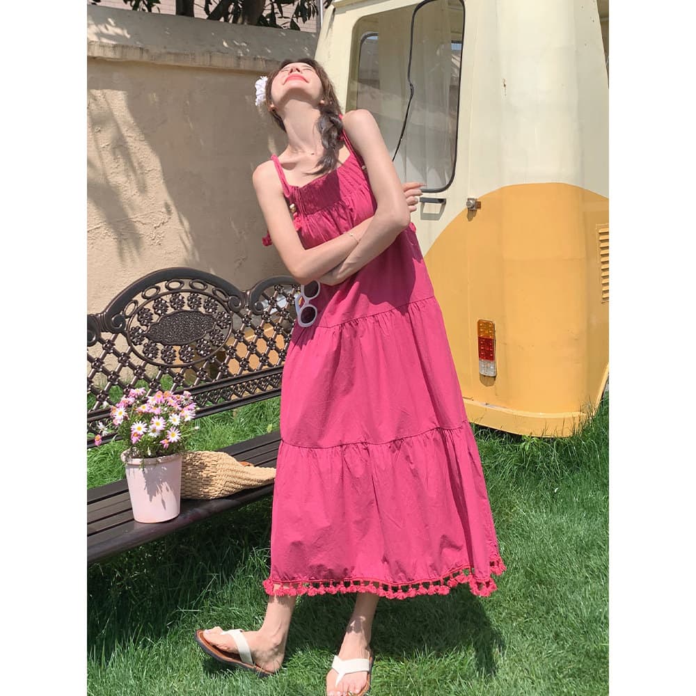 Rosa rosa franjas estilingue vestido feminino de comprimento médio 2026 verão novo estilo versão coreana solto mais magr
