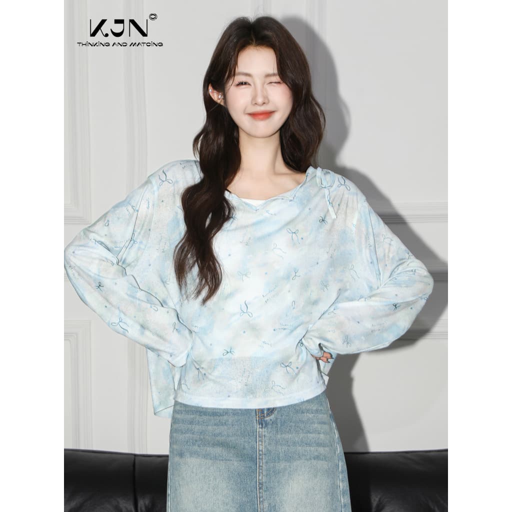 Azul malha protetor solar blusa feminina 2026 verão novo estilo Bowknot solto estilo fino exterior de manga comprida T-
