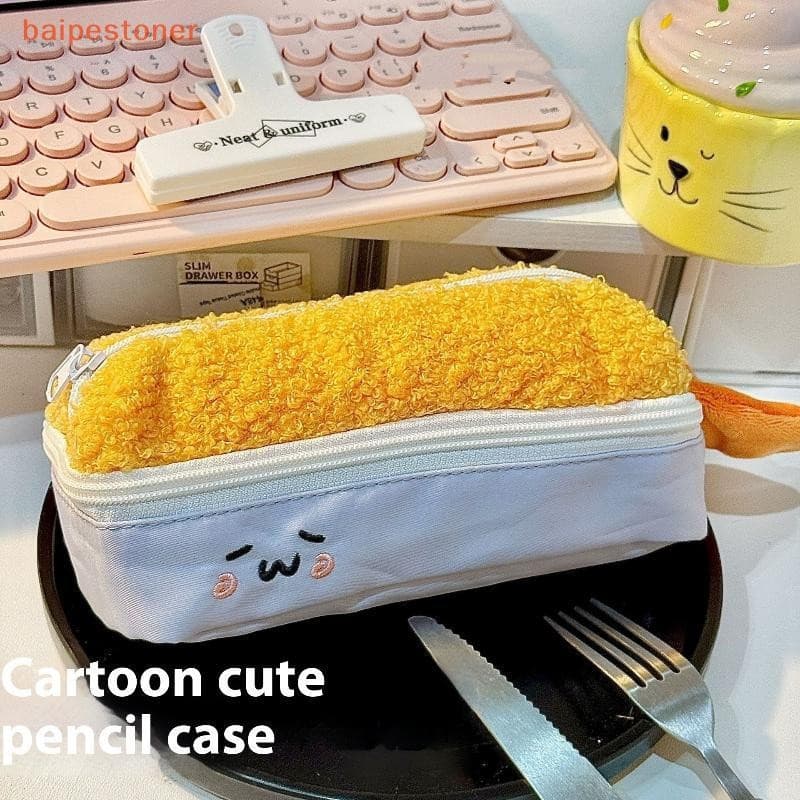 [baipestoner] Caneta De Pelúcia De Camarão Frito Fofo De Desenho Animado Kawaii Zíper De Grande Capacidade Soft Caso Arm
