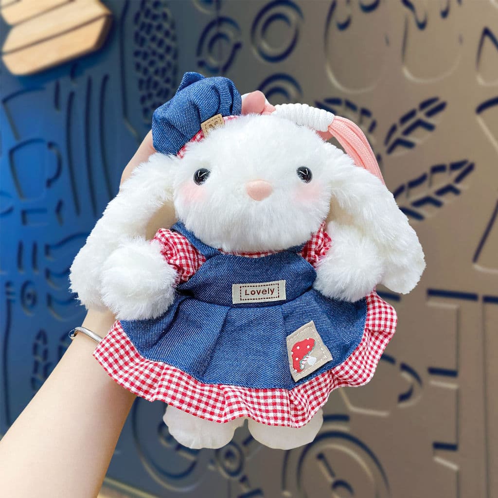 Venda quente bonito pelúcia coelho de orelhas caídas carro chaveiro boneca menina boneca saco pingente presente