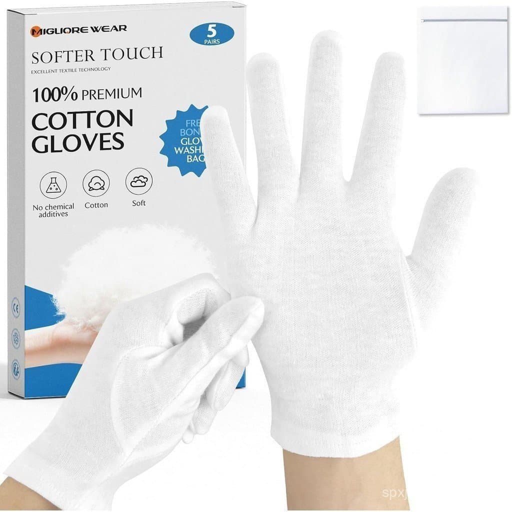 Migliore Wear 5 pares de luvas de algodão brancas, adequadas para eczema, hidratam as mãos secas, luvas brancas laváveis