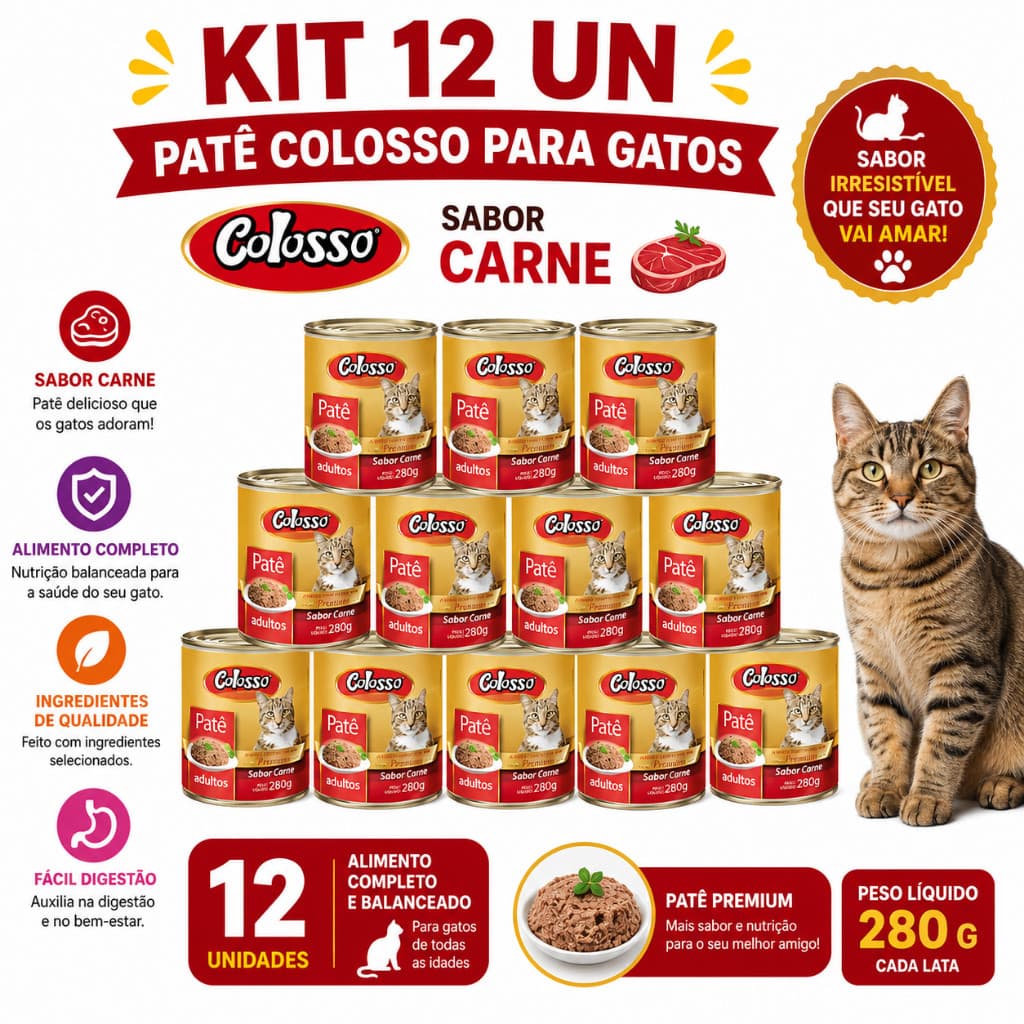 Kit 12 Un - Patê Colosso para Gatos sabor Carne 280 G