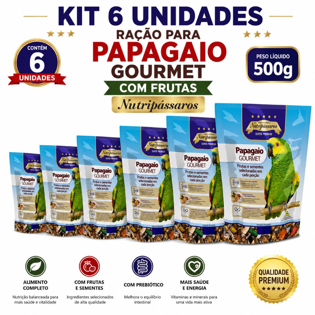 Kit 6 un - Ração Para Papagaio Frutas Gourmet Nutripassaros 500g