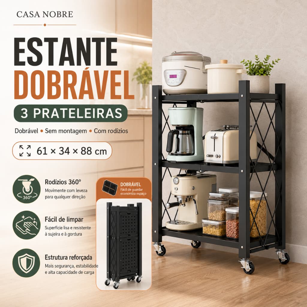 Rack Dobrável De Cozinha, Rodízios Silenciosos 360°, Para Armazenar Aparelhos E Utensílios Domésticos