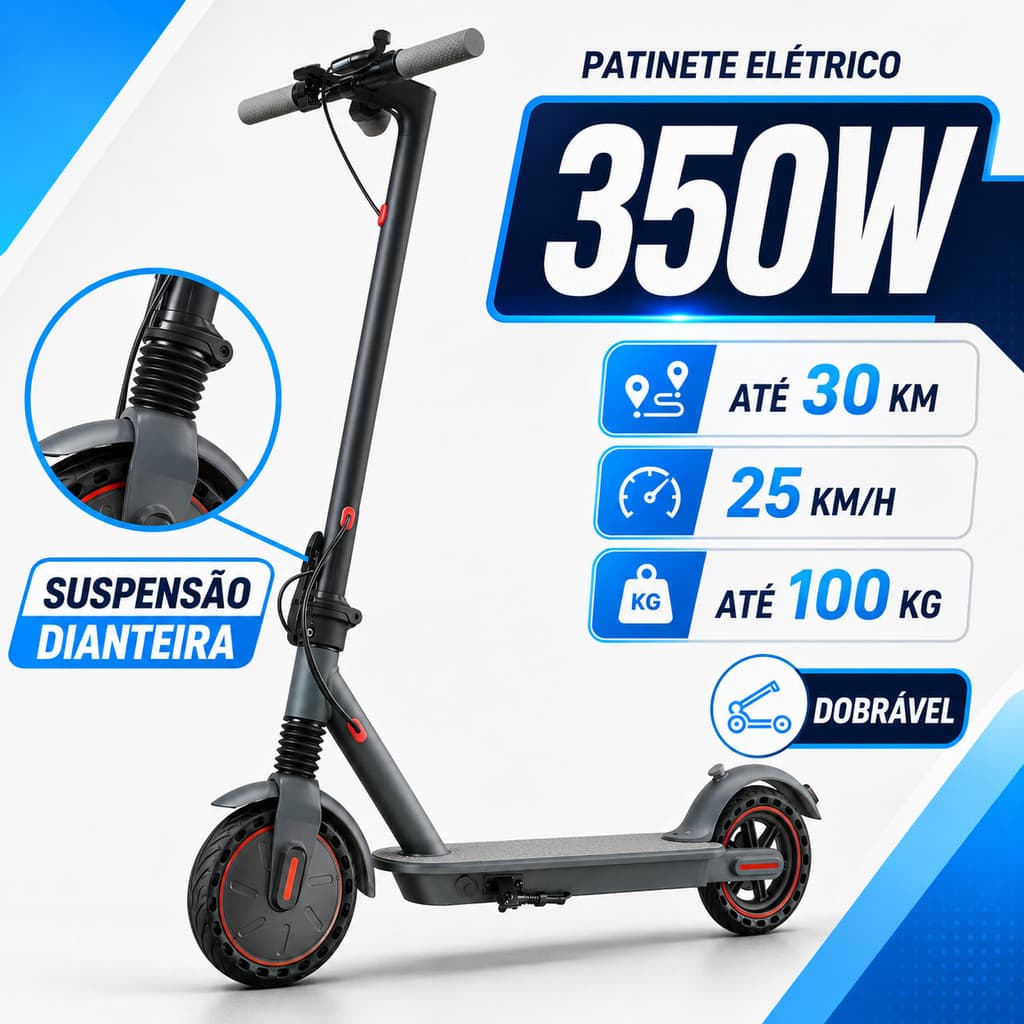 Patinete Elétrico Adulto 350W Dobrável Com Suspensão Até 30km Autonomia 25km/h Painel LED