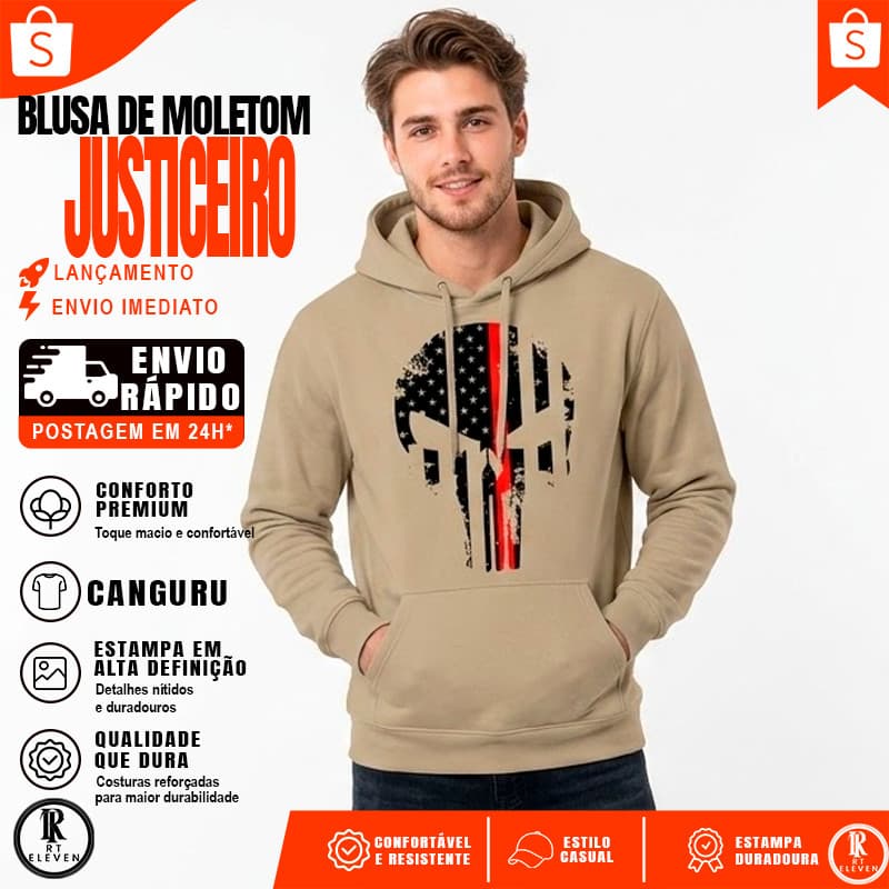 Blusa de frio Moletom Justiceiro Punisher Premium Estampado Algodão Bolso e Capuz Caveira Black Ref075
