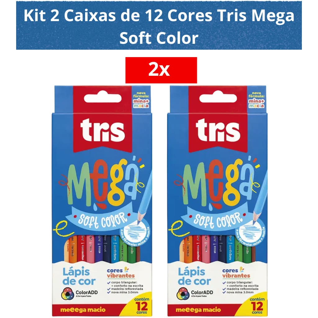 Kit 2 Caixas de Lápis de Cor 12 Cores Tris Super Soft Macio Alta Qualidade Fácil de Apontar  Cores Vibrantes