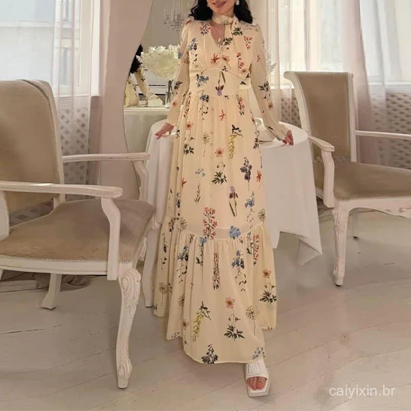 Novo vestido feminino elegante estilo francês com decote em V, renda e detalhes florais (30670) QJYJ