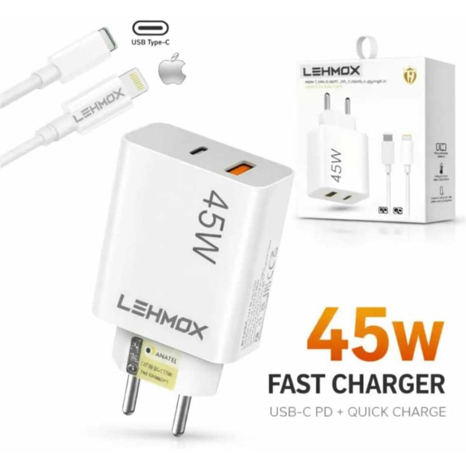 Carregador iPhone Turbo 45W Lehmox USB + USB C Cabo Lightning 1 Metro