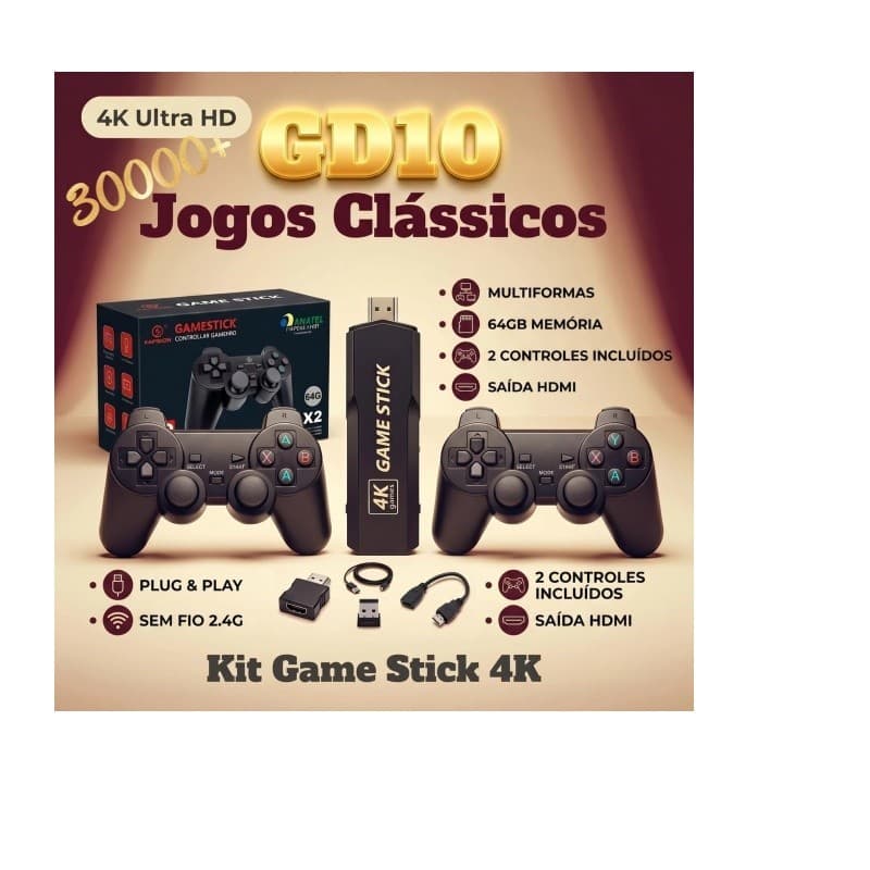 Presente Game Stick GD10 4K 64GB | Console Retro 30000 Jogos 40 Simuladores | 2 Controles Sem Fio TV