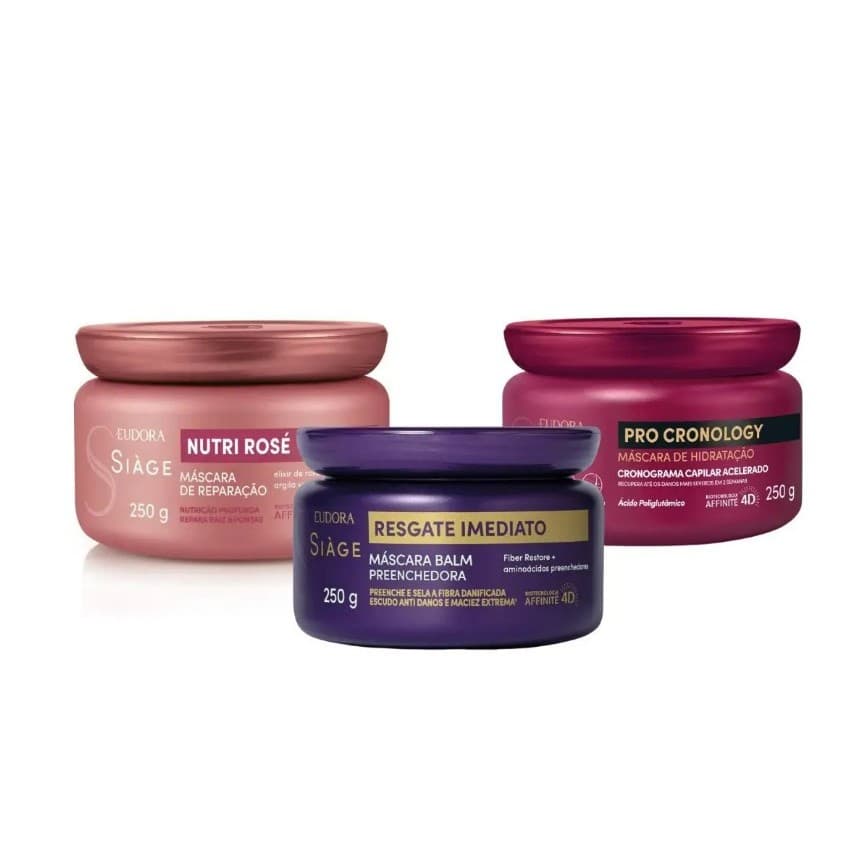 COMBO CRONOGRAMA CAPILAR SIÀGE: MÁSCARA RESGATE IMEDIATO 250g + MÁSCARA NUTRI ROSÉ 250g + MÁSCARA PRO CRONOLOGY 250g