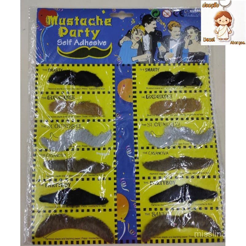 12 Bigode Falso Artificiais Em Pelúcia Auto Adesivas