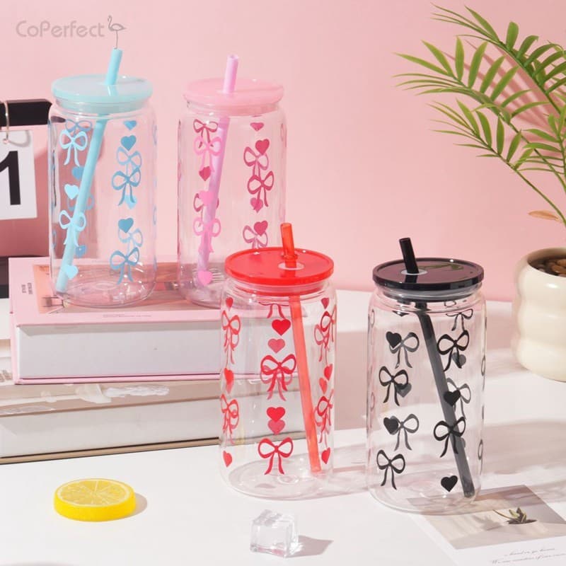 Garrafa De Água De Plástico Com Laço Fofo Tampa De Palha-Copo Kawaii Para Chá De Suco De Café Gelado