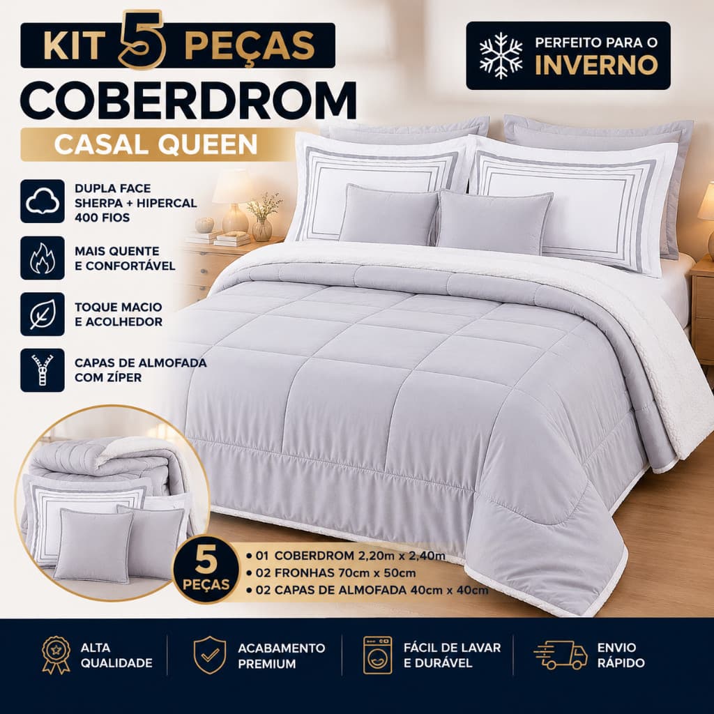 Kit 5 Peças Coberdrom Queen Soft Dupla Face Sherpa e Hipercal 400 Fios