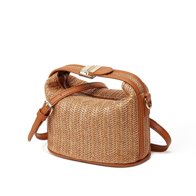 Bolsa Balde Feita De Grama Tecida Casual Feminina Crossbody Portátil Com Alça De Ombro