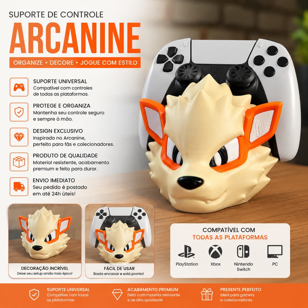 Suporte de Controle Arcanine Pokémon – PS5, PS4, XBOX, SWITCH, PC - Compatível com Todas as Plataformas