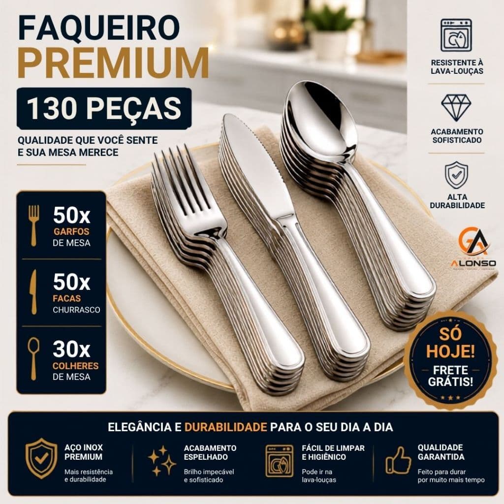 Kit 130 Peças Talheres em Aço Inox 50 Facas 50 Garfos 30 Colheres Linha Casa Cozinha Buffet