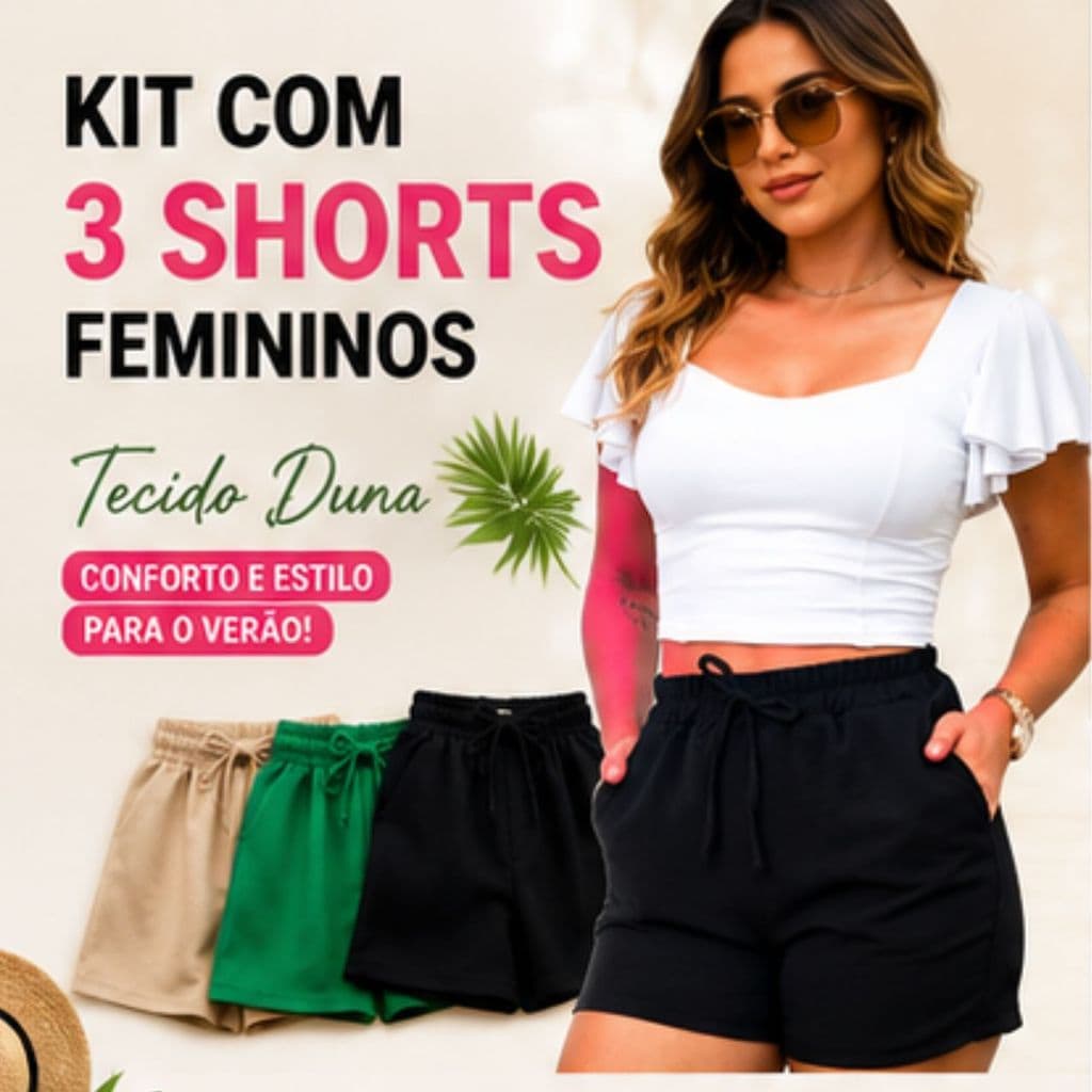 Kit 3 Shorts Femininos Duna Cintura Alta Casual Moda Verão