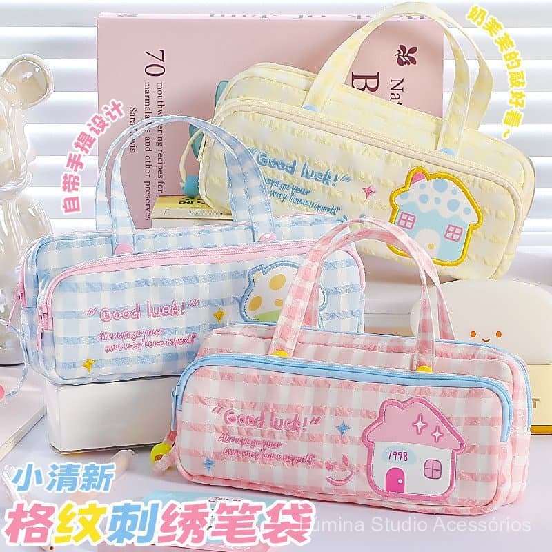 Estojo de lápis bordado com padrão fofo em estilo japonês, inspirado na dopamina, de grande capacidade e design atraente