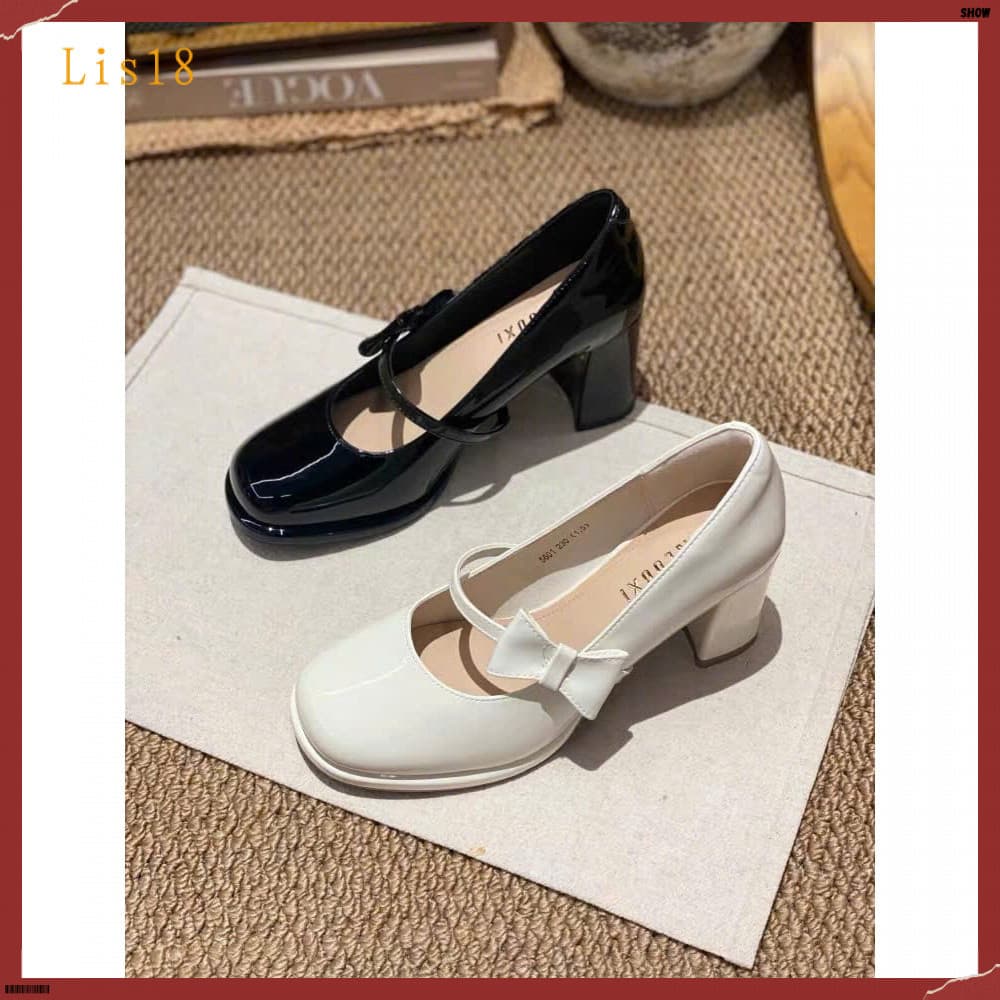 2026 Novos Sapatos Femininos De Couro Mary Jane 7cm Salto Alto Preto Brilhante/Cor Creme Cross-Stra