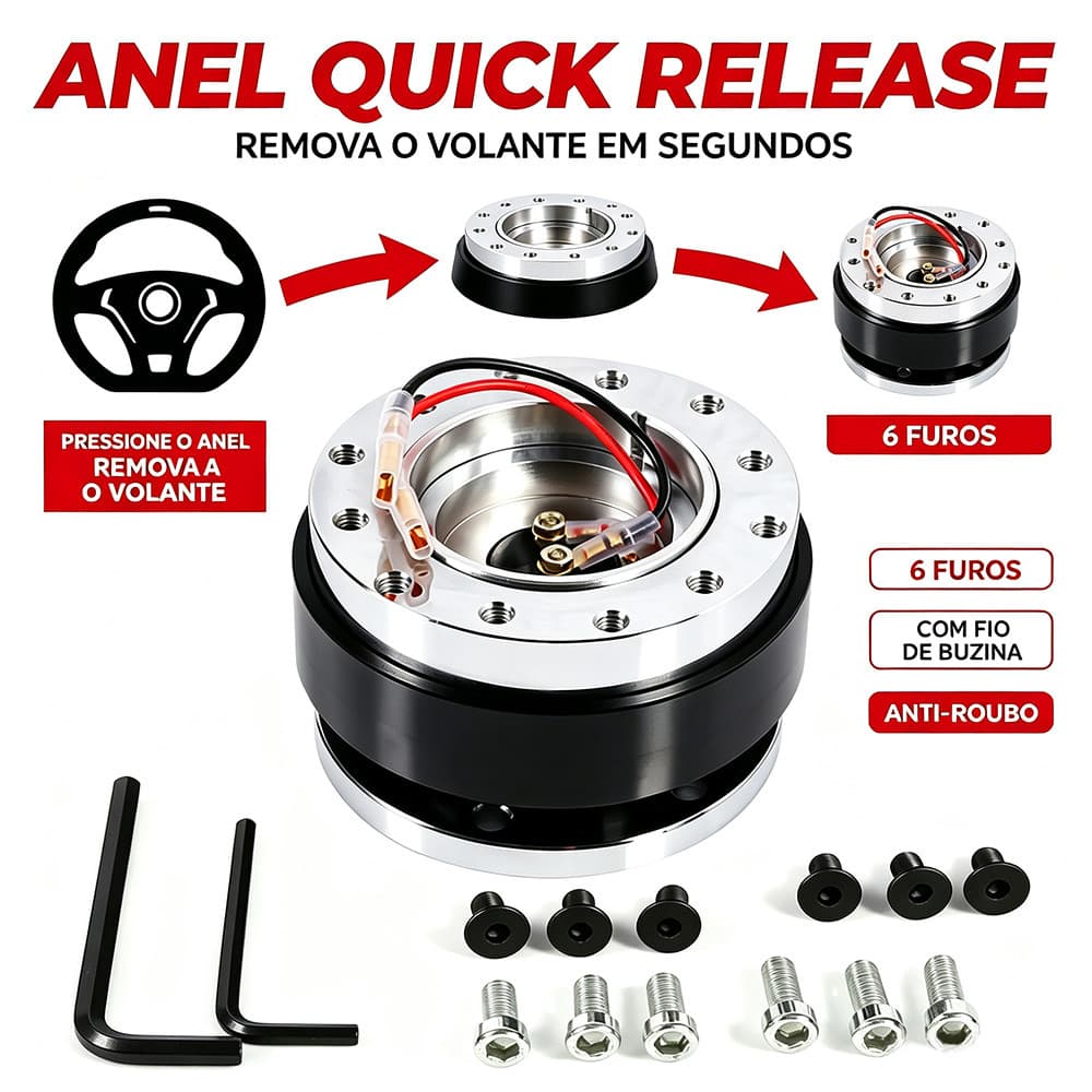Anel Saque Rápido Volante Esportivo 6 Furos Compatível Sparco Adaptador Desmontável Anti Roubo Tuning Drift Corrida