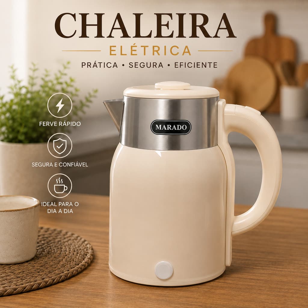 Chaleira Elétrica 2,3L Inox Base Giratória 360° Ferve Água para Café Chá e Chimarrão Desligamento Automático Pítia