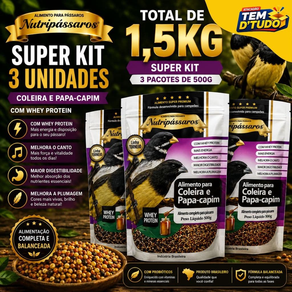 Kit 3 Ração Coleira e Papa-Capim Torneio C/ Whey Protein Nutri Super Premium Nutripassaros 500g