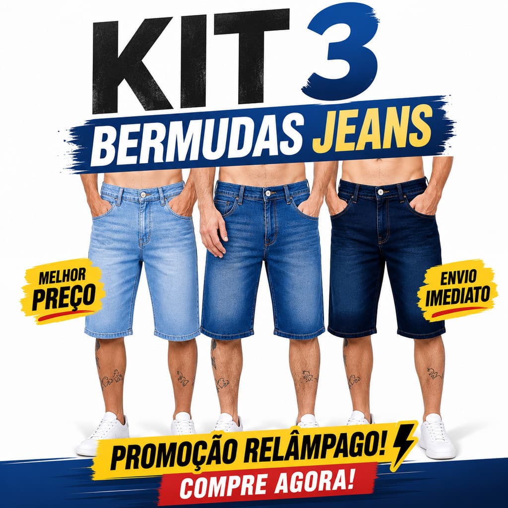 KIT Com 3 Bermudas Jeans Lisa Masculina com Lycra e Elastano Direito Da Fábrica