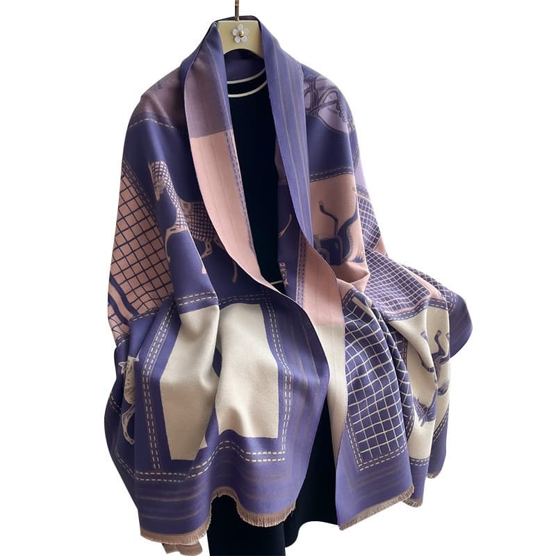 Moda Cashmere Cachecol Xale Envoltório Feminino Outono Inverno Grade Cor Bloco Cavalo Impressão Quente Aconchegante Pesc