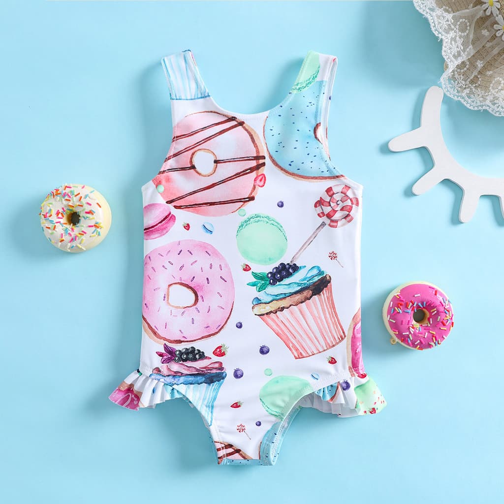 Meninas Maiô De Uma Peça Crianças Babado Roupa De Banho Donut Pirulito Impressão Praia Wear Trajes