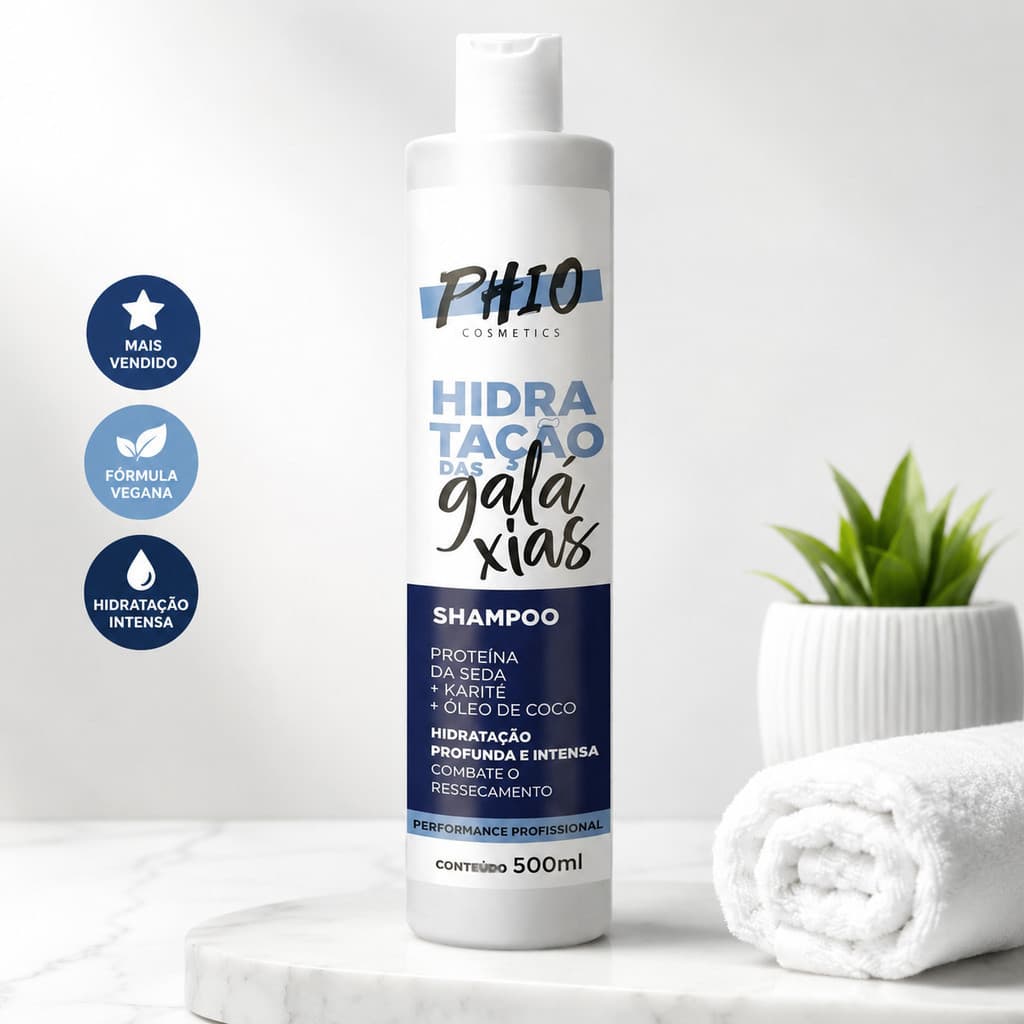 Shampoo PHIO Hidratação das Galáxias 500ml | Proteína da Seda + Karité + Óleo de Coco