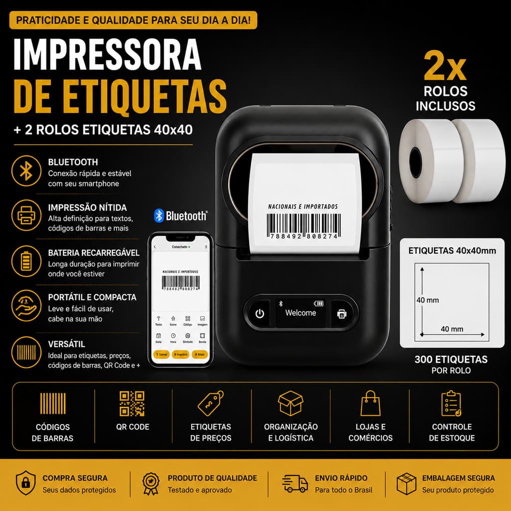 Mini Impressora Bluetooth Portátil 58mm TT260 210 + 2 Rolos de Etiquetas 40x40