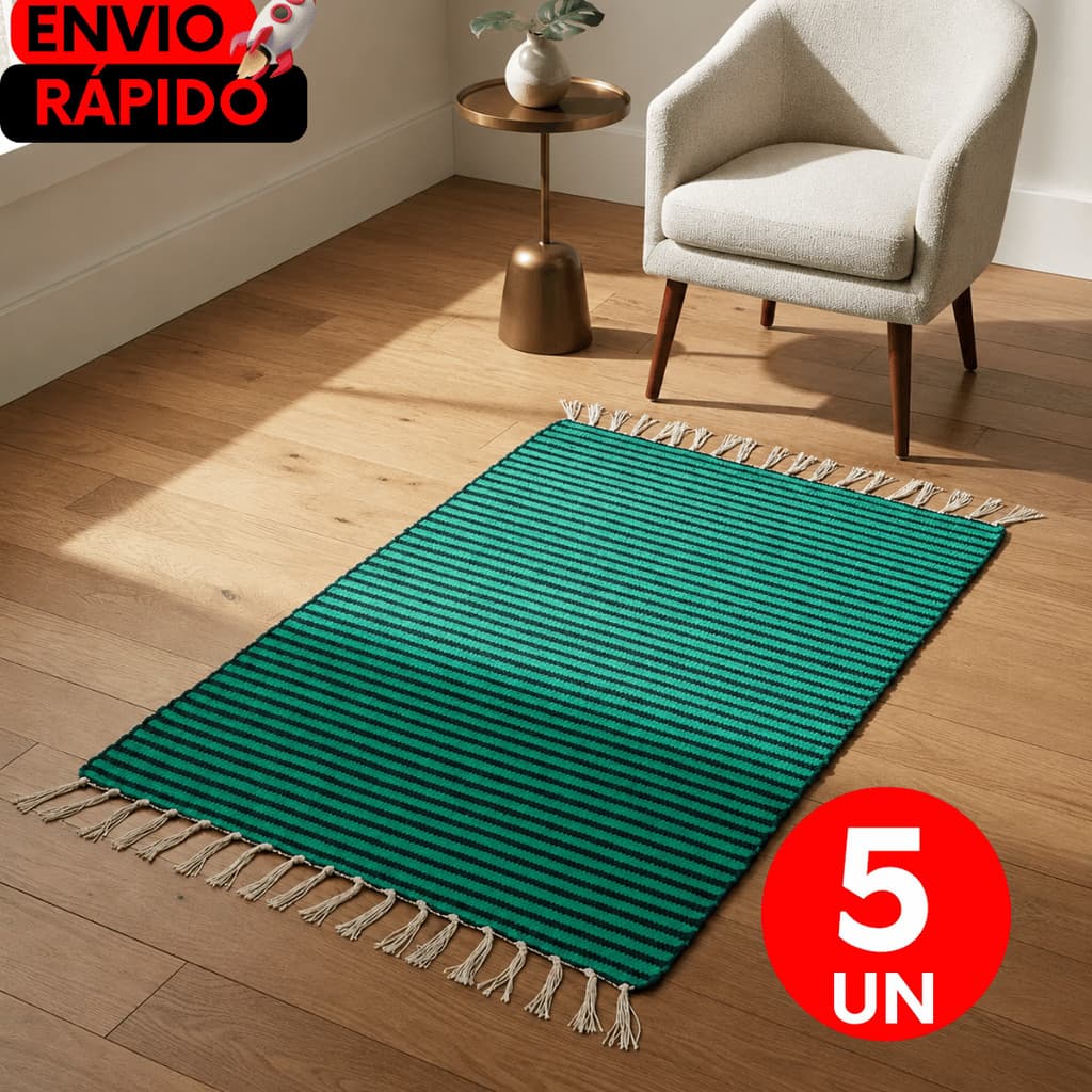 Kit Tapetes Artesanais Premium Listrado Tear Manual para Cozinha Sala Quarto Banheiro com Franjas